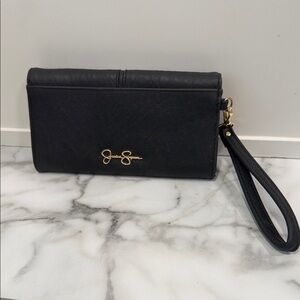 Jessica Simpson Black Leather Wristlet Clutch with Gold Logo